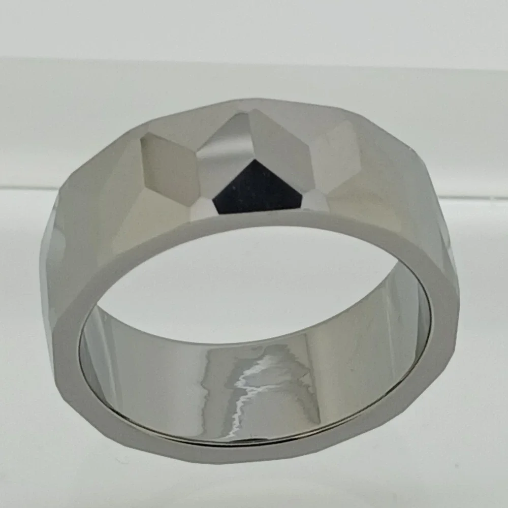 Vintage Tungsten Faceted Geometric Band Ring Silver 8mm Size 9.75 1990s Y2K NOS